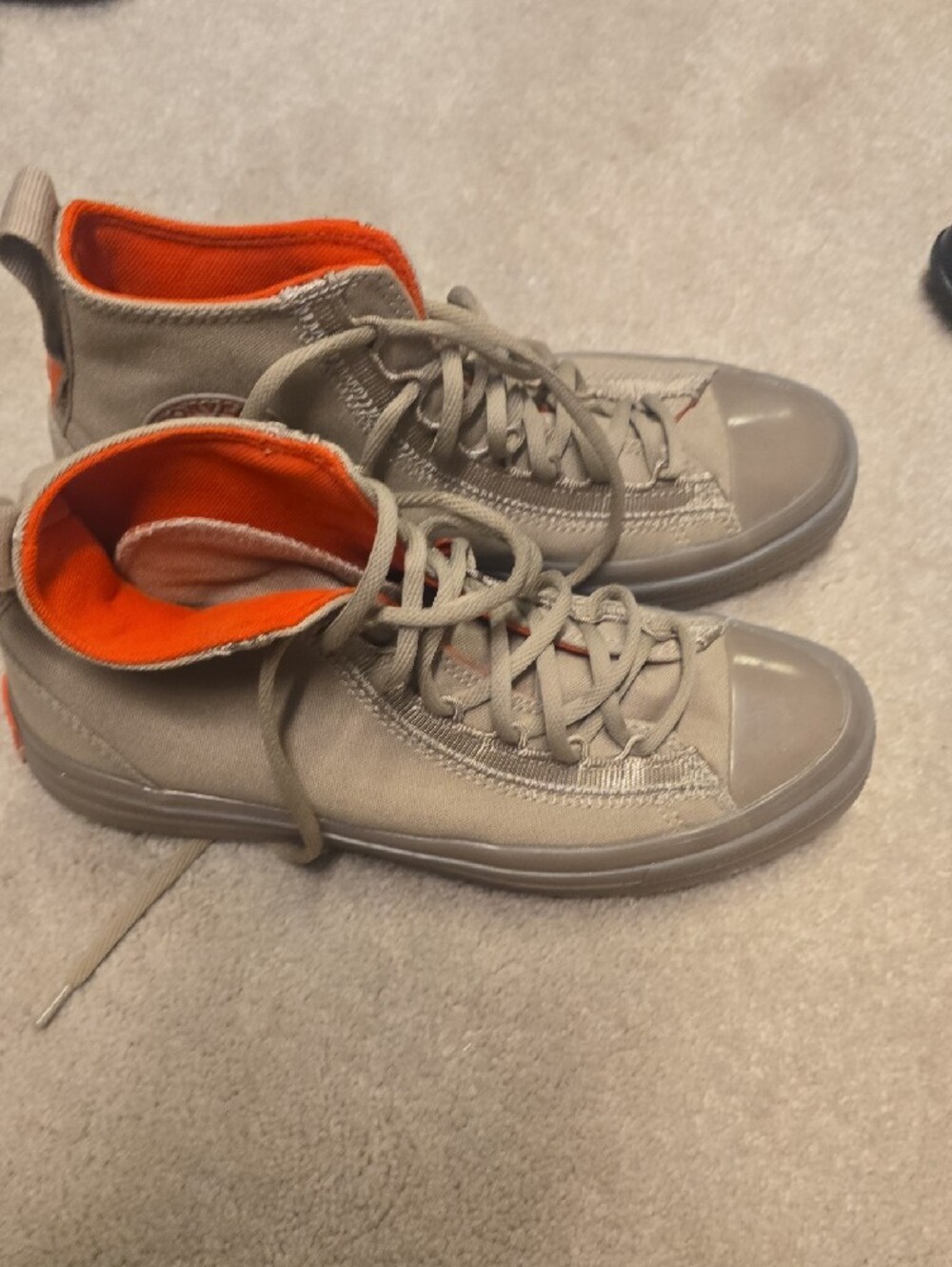 Unisex Neutral Tan/Taupe High-Top Converse Sneakers with Orange Lining - Picture 4 of 12